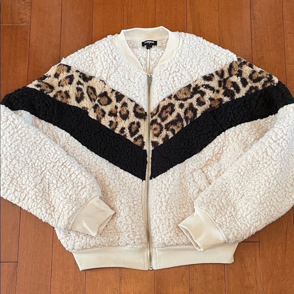 Express Cream and Black Teddy Jacket with Leopard Detail